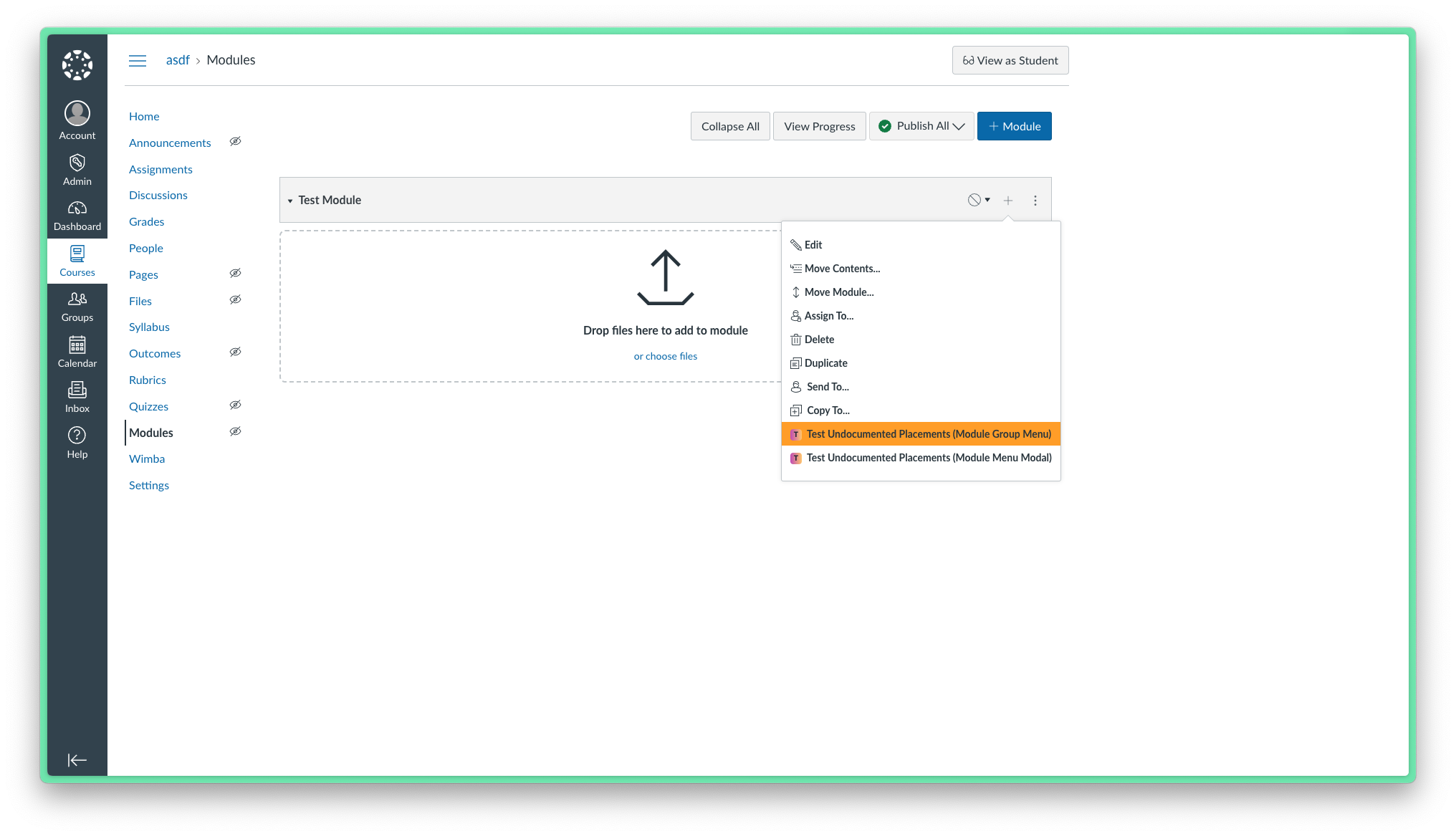 A screenshot of the location of the Module Group Menu placement within Canvas, located underneath the three-dot menu in any module group.